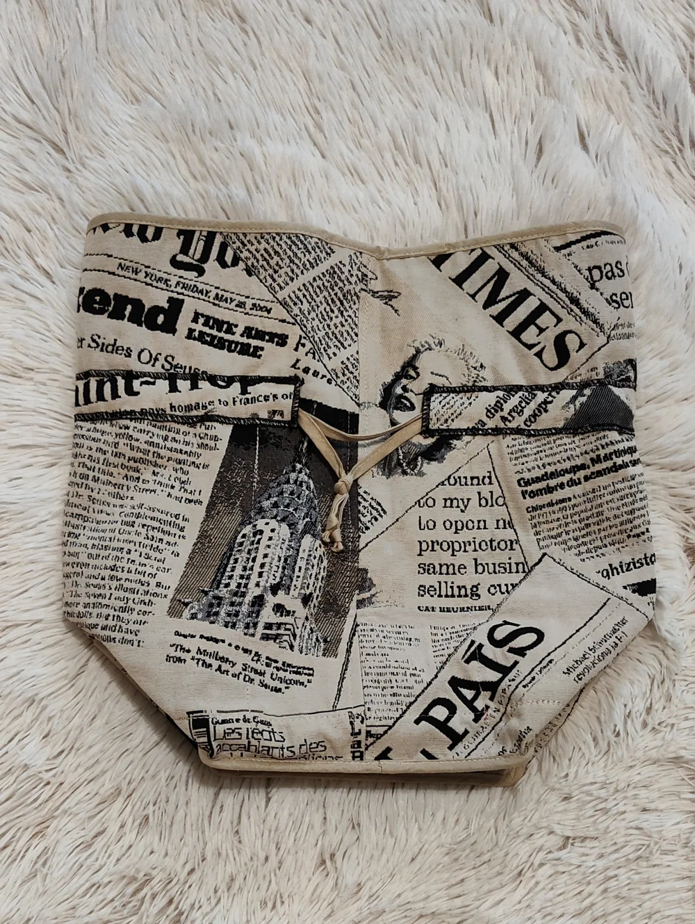 Vintage Style Drawstring Pouch Black Cream Newsprint Red Lining Travel Organizer
